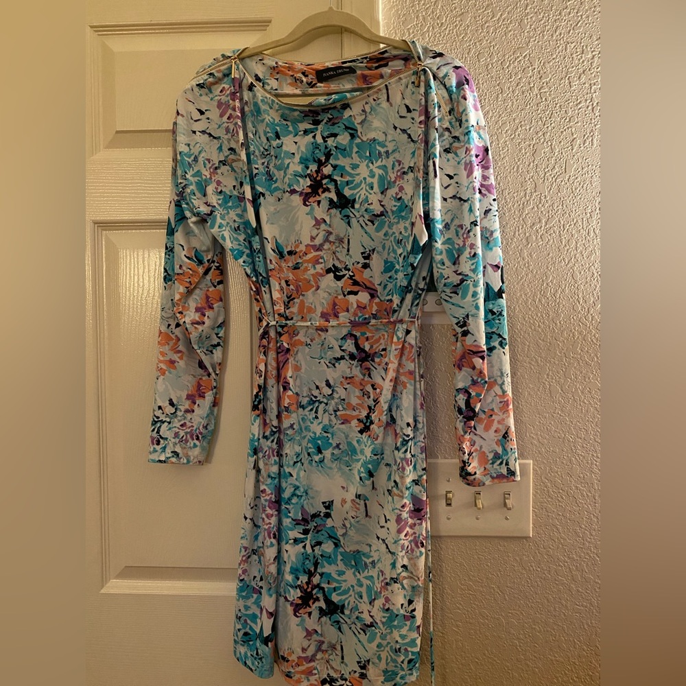 Blue and white dress.